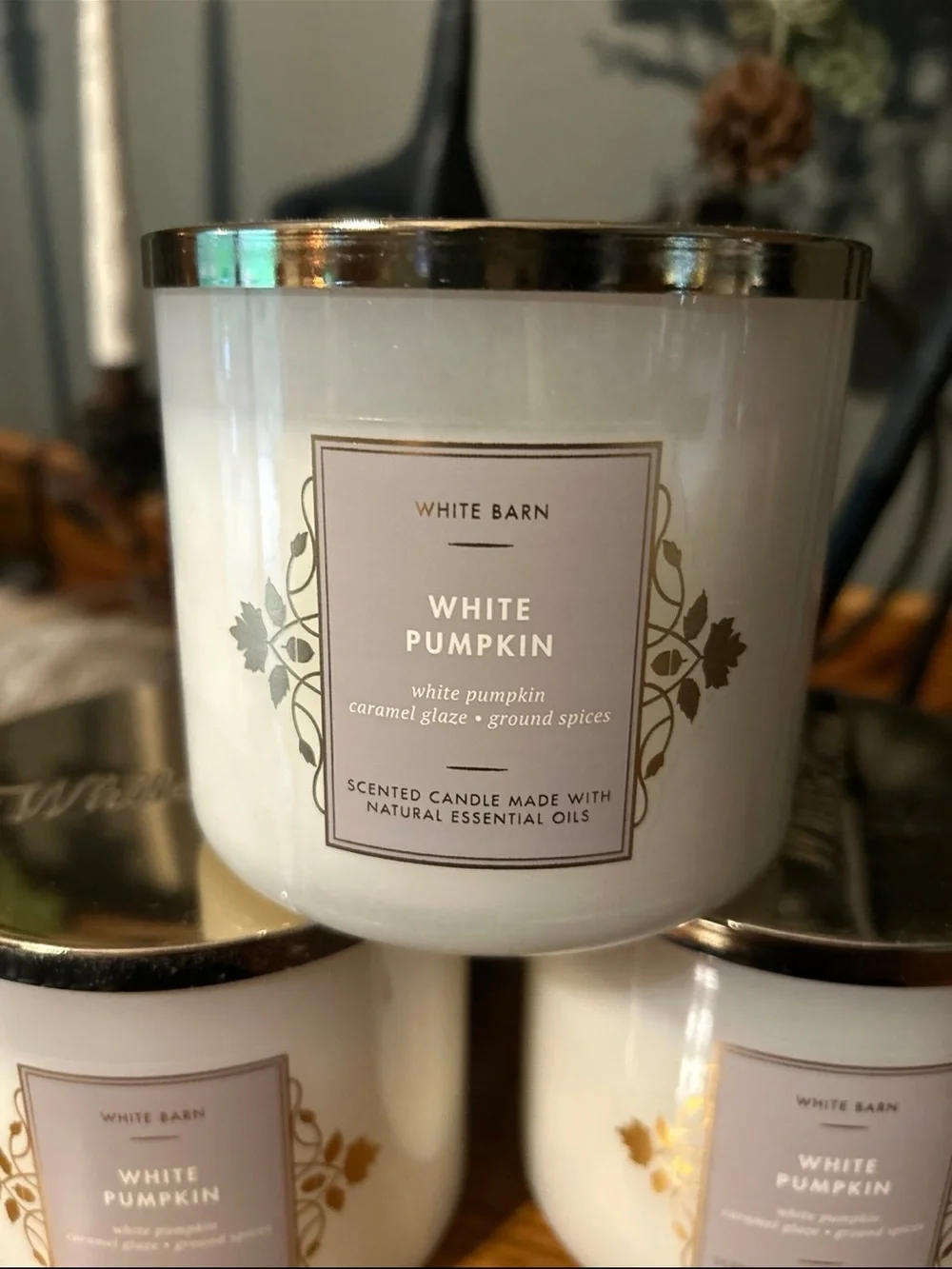 White Barn White Pumpkin Candle Trio - Cream with Gold Trim - Picture 2 of 6